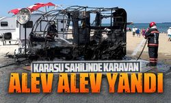 Karasu sahilinde karavan alev alev yandı