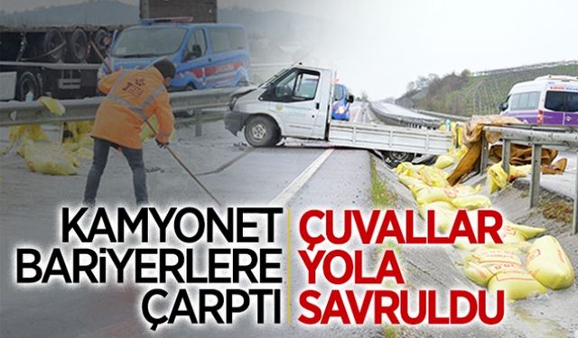 Gübre yüklü kamyonet bariyerlere çarptı