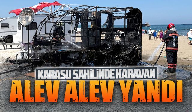 Karasu sahilinde karavan alev alev yandı