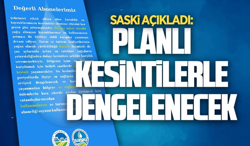 SASKİ açıkladı: Karasu’da planlı su kesintisi uygulanacak